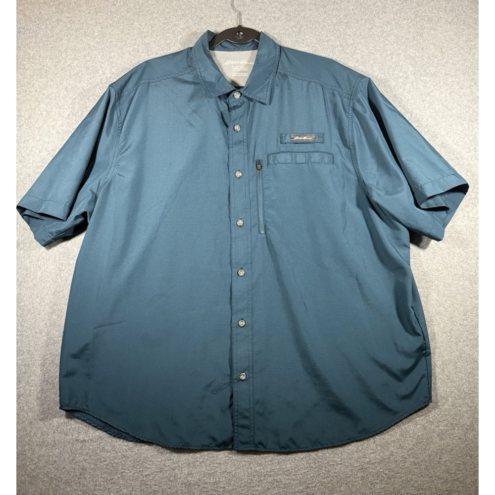 Eddie Bauer Men's Blue Solid Woven Polyester Button-Up Shirt XXL Pockets Logo
